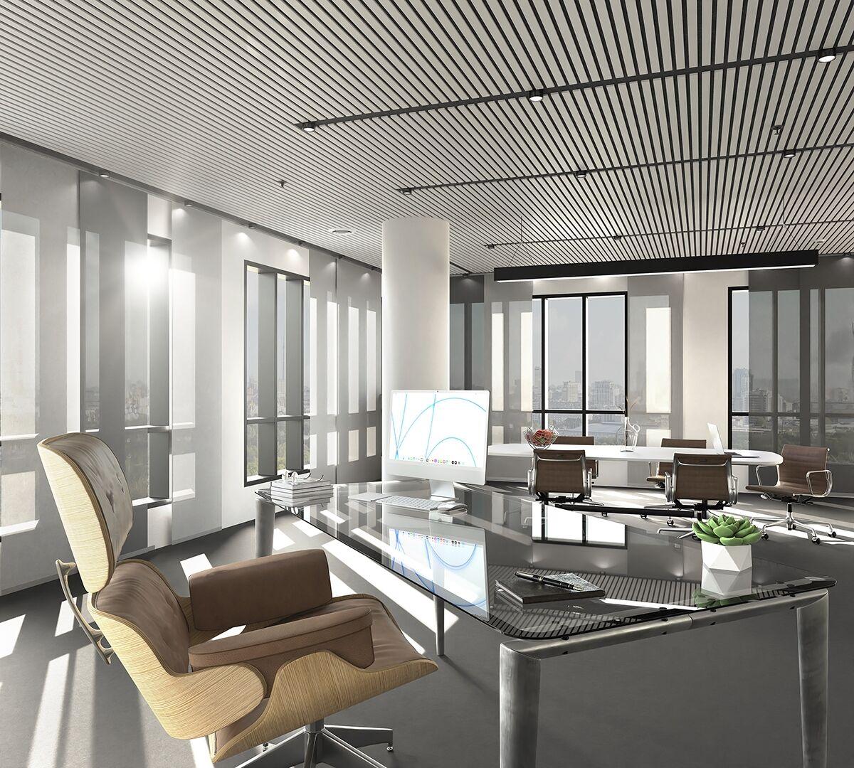 Fotorealistisches 3D-Rendering eines modernen Büros mit Lounge-Sessel und Besprechungstisch, vollständig virtuell