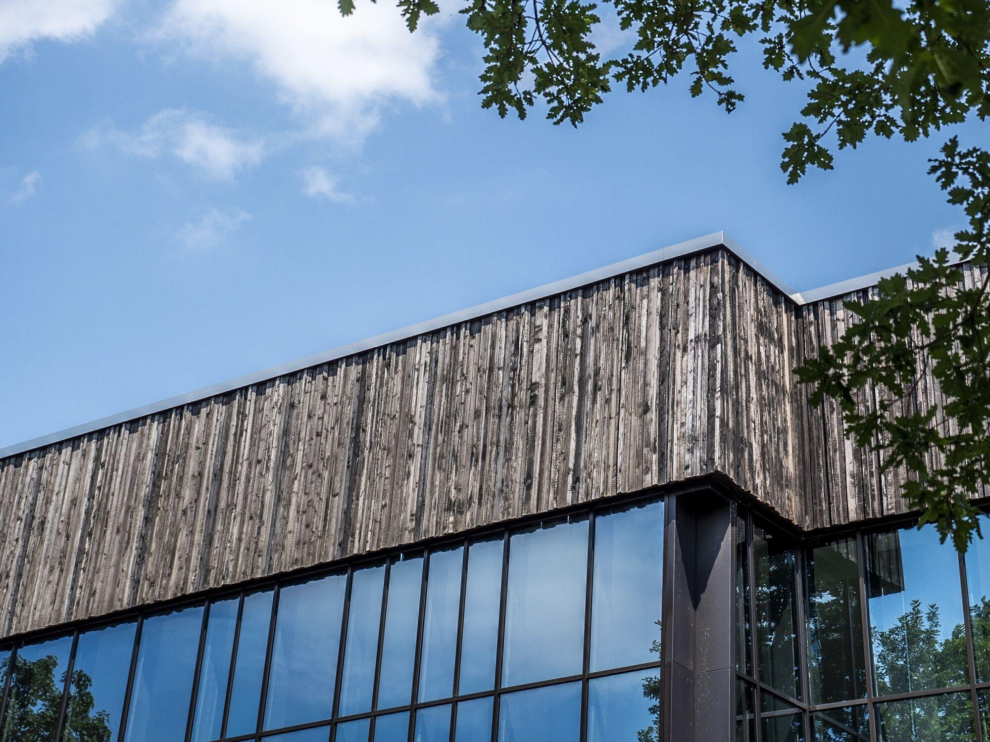 Architekturfotografie: modernes Gebäude mit Holzfassade und Fensterband, Blick nach oben in den blauen Himmel